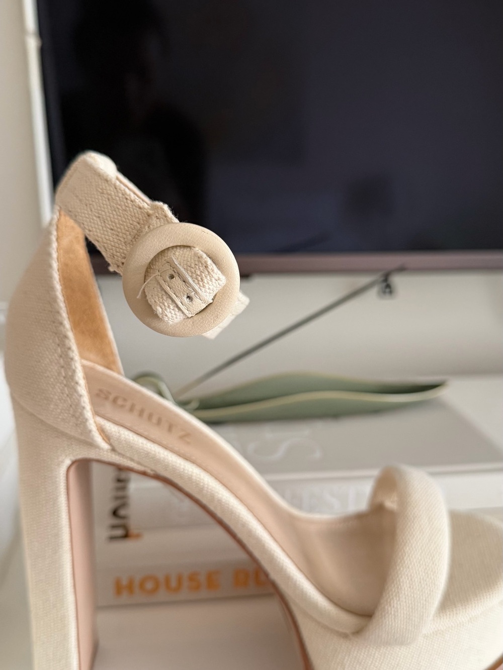 SCHUTZ Cream Canvas Platform Heel Sandal with Ankle Buckle